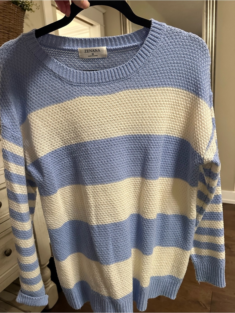 Zenana Outfitters Blue and Cream Wide-Stripe Crewneck Sweater